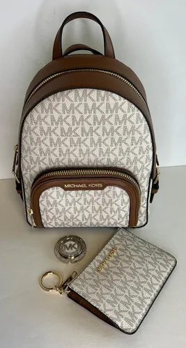 Vista 2 de Michael Kors Jaycee XS - Mochila convertible con bolsillo con cremallera y gancho para monedero SM TZ, Signature Mk Vanilla, Signature Mk Brown