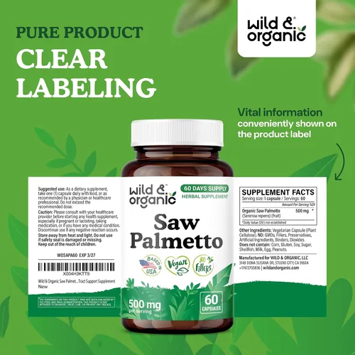 Vista 7 de Wild & Organic Cápsulas Saw Palmetto de 500 mg - Soporte del tracto urinario para hombres y mujeres - Suplemento en polvo de palma enana pura