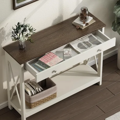 Vista 4 de Mesa consola de madera Treocho Farmhouse con cajón y estantes de almacenamiento, mesa de sofá estrecha para entrada, sala de estar, pasillo