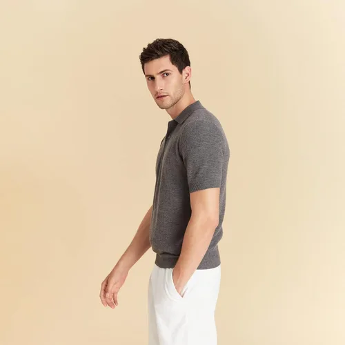 Vista 3 de GreenMount Polo de cachemira para hombre Jacquard manga corta suave ligero