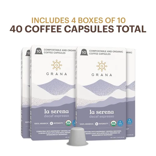 Vista 2 de G GRANA Cápsulas de café descafeinado, compatibles con Nespresso OriginalLine, 40 unidades, tostado oscuro, descafeinado, USDA orgánico 100% arábica