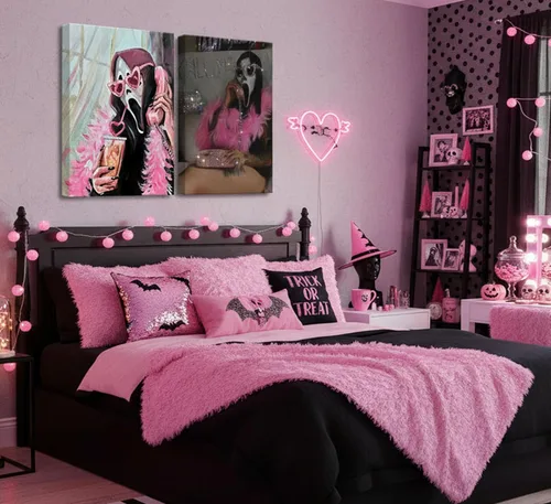 Vista 4 de 2 Piezas Máscaras de Fantasmas de Halloween Arte de Pared Moderno Rosa Académico Gótico Romántico Decoración de Pared de Fantasmas Cuadros Terror