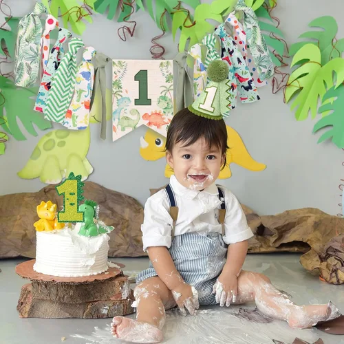 Vista 4 de Decoraciones de dinosaurio para el primer cumpleaños, cartel para silla alta para niño Dinosaurio Verde Uno