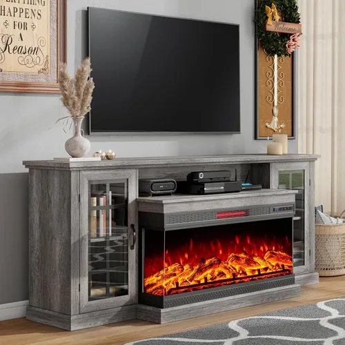 Vista 13 de LUXOAK Soporte de TV con chimenea de 75 pulgadas con chimenea eléctrica de Blanco envejecido