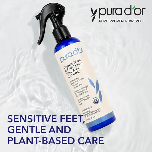 Vista 6 de PURA D'OR Spray orgánico eliminador de olores para zapatos y pies (8 onzas) desodoriza y elimina los malos olores con eucalipto, menta, árbol de té