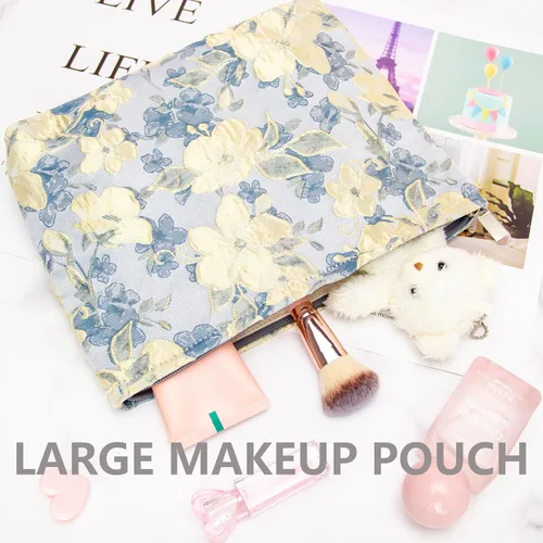 Vista 5 de Pazimiik Bolsa de maquillaje floral, grande, de algodón, con cremallera para bolsa de viaje, organizador de maquillaje de lona para mujeres
