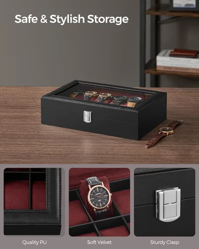 Vista 3 de SONGMICS Caja de reloj, caja de reloj de 12 ranuras con tapa de vidrio grande, almohadas extraíbles para reloj, organizador de caja de reloj, regalo