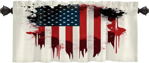 Vista 33 de Batmerry American Flag Ink Dot Blackout Tier Curtains, Red Blue White Stars Abstract Thermal Insulated Half Curtain Rod Pocket Small Valance for