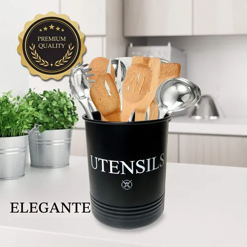 Vista 7 de Soporte grande para utensilios de cocina, color negro, organizador de utensilios de cocina de acero inoxidable, soporte de espátula de metal extra