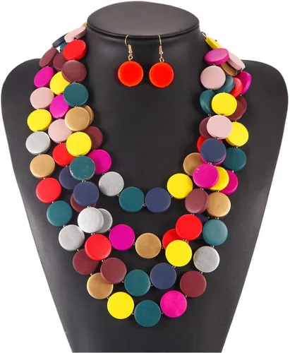 Vista 6 de Chunky Wooden Choker Necklace and Earrings Set for Women Girls,Colorful Bib Layered Necklace Boho Earrings,Handmade Statement African Jewelry Gifts
