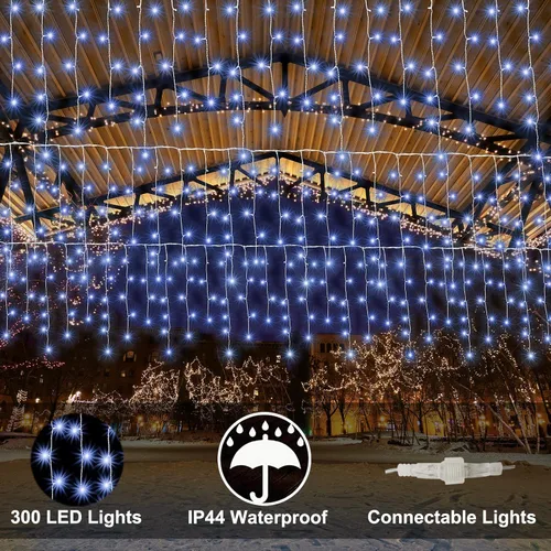Vista 3 de Luces de carámbano de Navidad para decoración al aire libre, 8 modos, 300 luces LED conectables de 30 pies, 60 gotas para aleros, ventana, hogar