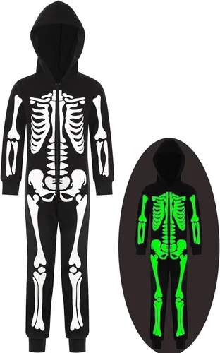 Vista 2 de Disfraz de esqueleto para niños que brilla en la oscuridad con capucha de esqueleto de una pieza para Halloween Negro