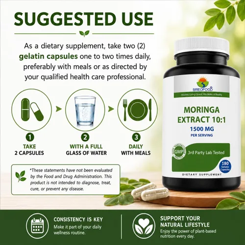 Vista 4 de Extracto de Moringa Oleifera 10:1 1500 mg - 180 cápsulas - Suplemento sin OMG y sin gluten - Superalimento verde de hoja de moringa