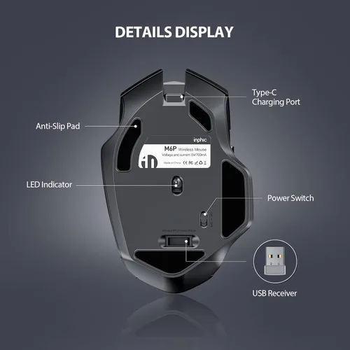 Vista 7 de INPHIC Mouse inalámbrico recargable, batería visible, 2400 DPI, 6 botones, mouse ergonómico grande para laptop, computadora, Mac, PC, etc.