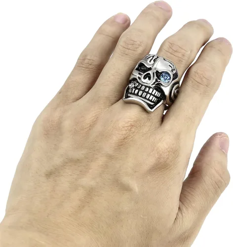 Vista 4 de Elfasio - Anillo de calavera para hombre, diseño de ojo azul, circonita cúbica, acero inoxidable, talla 8-15