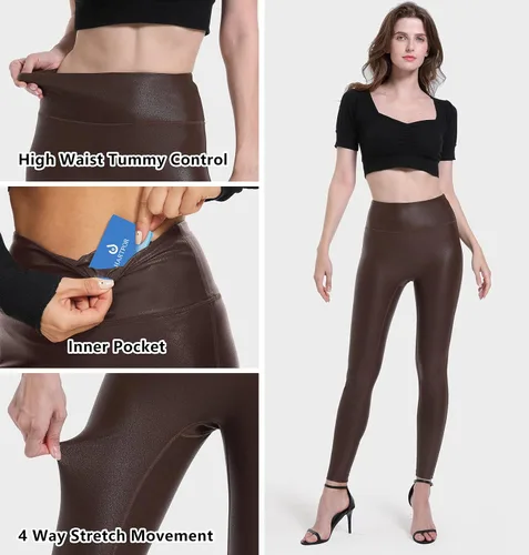 Vista 4 de HARTPOR Leggings de piel sintética para mujer, elásticos, de cintura alta, brillantes, pantalones de cuero, leggings de piel de piel sintética