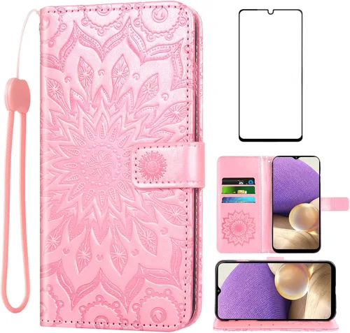 Vista 11 de Funda de teléfono para Samsung Galaxy A32 5G de 6.5 pulgadas con protector de pantalla de vidrio templado y cubierta delgada de cuero, soporte