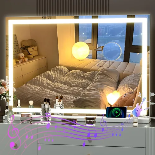 Vista 30 de Hasipu Espejo de tocador con luces, espejo LED de maquillaje de 31.5 x 22 pulgadas, espejo de maquillaje iluminado con 3 modos regulables, espejo