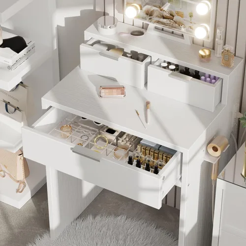 Vista 4 de BOLUO Escritorio de Maquillaje Blanco con Espejo de Hollywood y Luces, Mesa Compacta de Maquillaje para Niñas con Cajones y Enchufe para Dormitorio