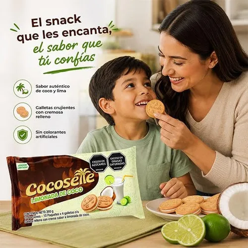 Vista 3 de Galletas sándwich rellenas de crema de coco y lima, paquete de 2, edición limitada, sabor limonada de coco, 20 paquetes individuales de bocadillos