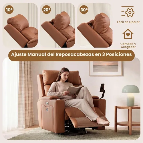 Vista 6 de Sillón reclinable giratorio eléctrico con reposacabezas y lumbar ajustables Marrón