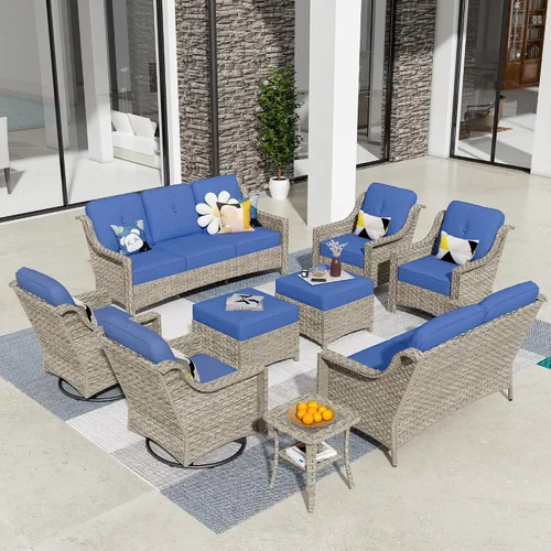Vista 66 de HOOOWOOO Sofá de patio de 3 plazas de mimbre para exteriores, resistente a todo tipo de clima, con respaldo alto, muebles a juego (beige y bronceado)