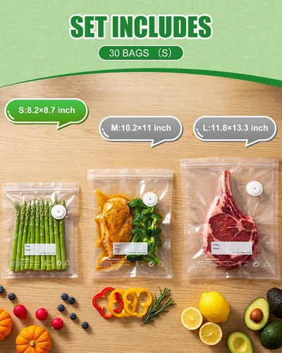 Vista 3 de RIWUSI 30 bolsas selladoras al vacío reutilizables para alimentos con válvula de aire y 10 clips de sellado, pequeñas (8.2 x 8.7 pulgadas), bolsas