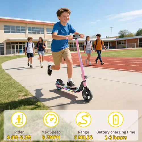 Vista 4 de SIMATE Electric Scooter for Kids 6-14, e Kick Scooter with LED Display and Colorful Lights, Adjustable Height and Foldable, Double Brake, Gifts for