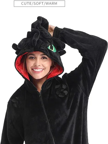 Vista 4 de Pijama sin dientes de cola de dragón animal mameluco de franela de felpa para Halloween Navidad pijamas para la familia, color negro
