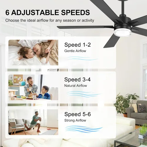 Vista 5 de 52 Inch Ceiling Fan with Lights and Remote, Modern Black Ceiling Fan, 6-Speed Reversible Motor, 3000K/4000K/6000K LED Light, Indoor Ceiling Fan for