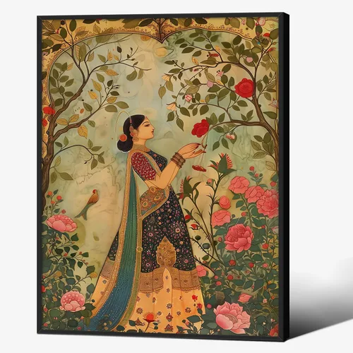 Vista 32 de Haitunone Arte de pared de mujer india paquistaní tradicional, póster de pintura floral feminista estilo mogol, impresiones en lienzo para sala