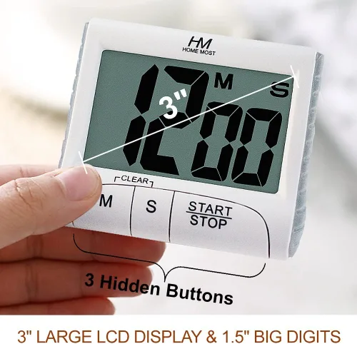 Vista 2 de Temporizador de cocina de pantalla grande de 3 pulgadas, temporizador digital, alarma magnética en una cuerda, temporizadores de cocina blancos