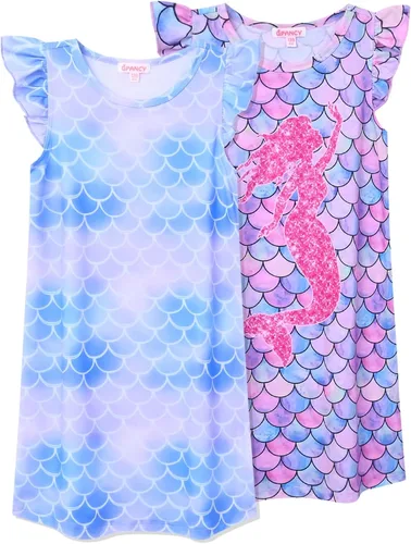 Vista 10 de QPANCY Paquete de 2 camisones para niñas, pijamas con mangas con vuelo, vestidos de noche de princesa, ropa de dormir de algodón