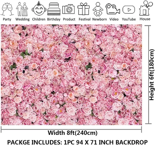 Vista 3 de CGXINS Fondo de fotografía de pared de rosas rosas de 8 x 6 pies, fondo de fotografía de flores rosas para niñas, fiesta de cumpleaños, boda