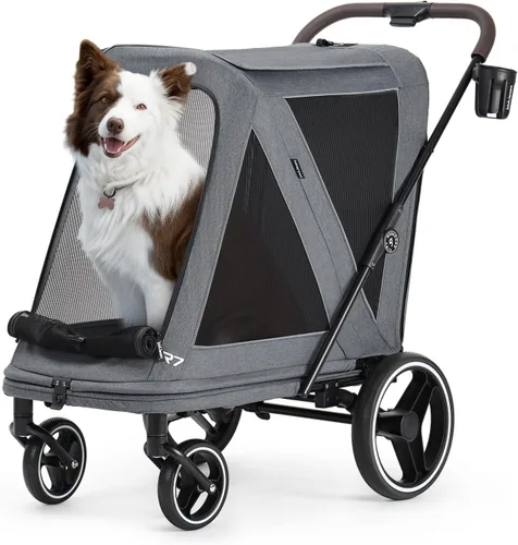 Vista 15 de Beberoad Cochecito para mascotas para perros medianos, cochecito plegable de un segundo, R7 todo terreno con neumáticos ER, malla de doble ventana