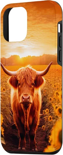 Vista 2 de iPhone 12 mini Estética Scottish Highland Cow In Sunflower Field Sunset Case
