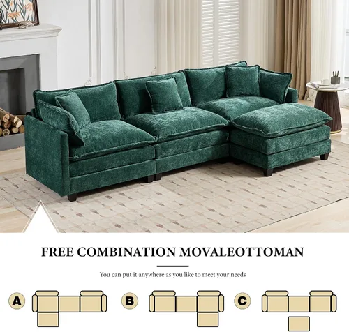 Vista 9 de Sofá seccional modular verde de 111.5", sofás seccionales grandes de 3 plazas para sala de estar, sofá nube oversized de tela chenille con otomana