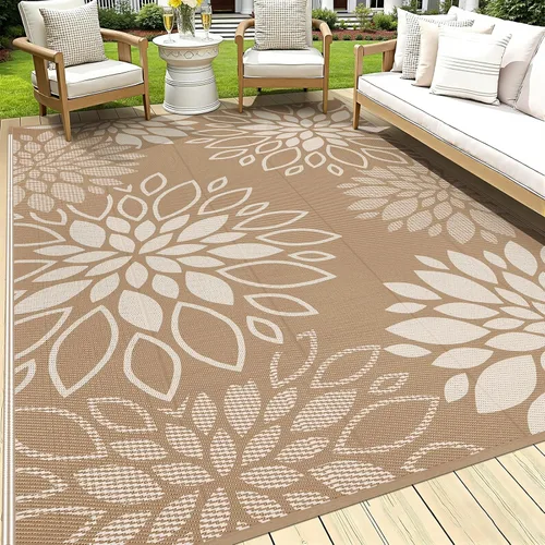 Vista 11 de HEBE Alfombra impermeable para exteriores de 5 x 8 pies para patios, alfombra de paja de plástico reversible floral, alfombra de patio, alfombra