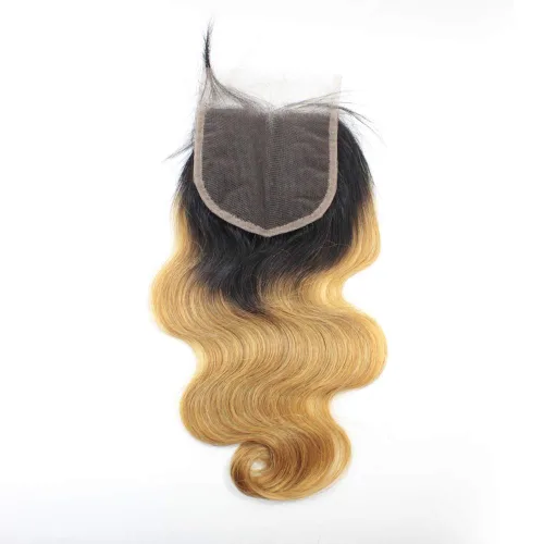Vista 4 de 1B/27 rubio ombre brasileño virgen paquetes con cierres 4pcs lote cuerpo onda 12 con 10 pulgadas ombre encaje cierre con teje pelo