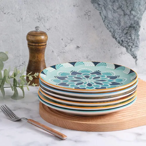 Vista 5 de Juego de platos de postre de cerámica de 6 a 8 pulgadas para ensalada y aperitivo, colores vibrantes para mezclar y combinar, aptos