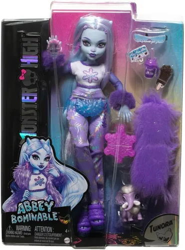 Vista 6 de Muñeca Monster High, Abbey Bominable Yeti de moda con mamífero mamut mascota y accesorios temáticos Muñeca Yeti en ropa morada peluda con mamut