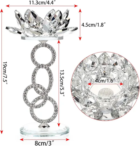 Vista 3 de OwnMy Juego de 2 Portavelas de Flor de Loto de Cristal Soportes de Vela de Metal y Vidrio de Loto, Portavelas de Pilar de Plata de Cristal de Loto