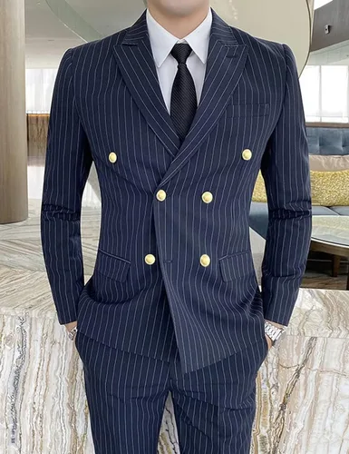 Vista 2 de Traje de rayas para hombre, ajuste delgado, 2 piezas, doble botonadura para boda, Halloween, Navidad, graduación, blazer y pantalones dorados