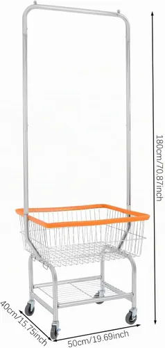 Vista 4 de Carrito de lavandería, Carrito de lavandería de alambre de acero, Cesta de lavandería con ruedas, Cesta de lavandería comercial con bastidor