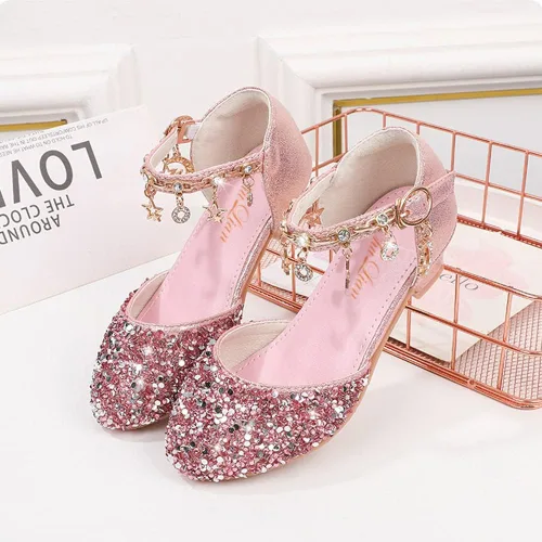 Vista 2 de ChuLian Sandalias para niñas con purpurina para niños, zapatos de vestir de tacón bajo con lentejuelas, sandalias de princesa para niñas pequeñas