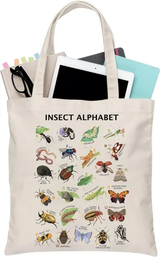 Vista 8 de BDPWSS Bolsa de mano con alfabeto de insectos - Regalo para amantes de insectos y escarabajos - Entomología y amante de la naturaleza