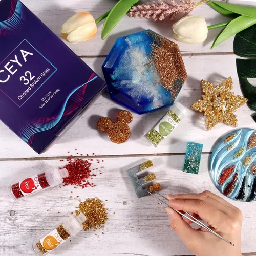 Vista 6 de Ceya - Conjunto de purpurina de vidrio irregular triturado en 32 colores, 640g/ 22.6 oz, chips de cristal metálico roto de 2-4mm, purpurina gruesa