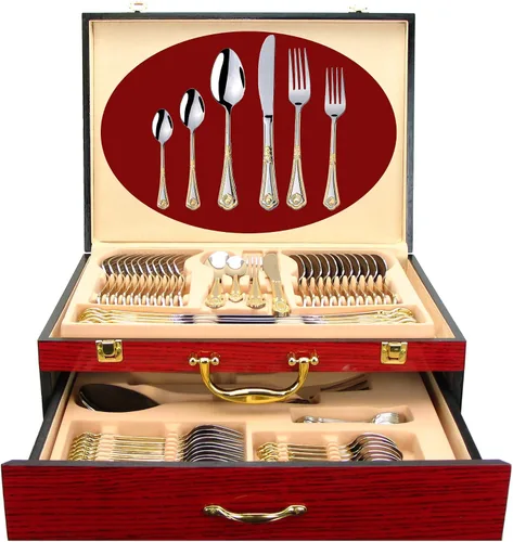 Vista 10 de Juego de cubiertos de lujo de 75 piezas para 12 con estuche de almacenamiento de madera, servicio de cubiertos de comedor de alta calidad, cubiertos