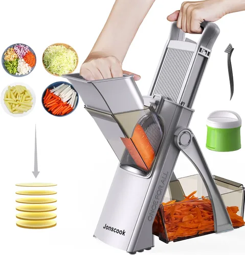 Vista 14 de Jonscook Rebanador de mandolina todo en uno seguro para cocina, picador de alimentos con contenedor, cortador de verduras con grosor ajustable