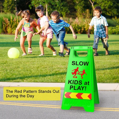 Vista 7 de Paquete de 2 señales de seguridad para niños en juego para la calle, señales de seguridad para niños en juego con cinta reflectante de 44.5 cm